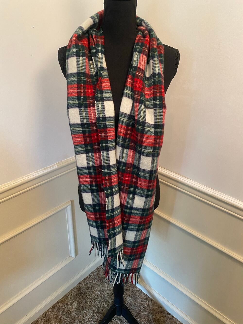 J. Crew Made in Italy Wool Blend Scarf Traditional Tartan Plaid Fringe Edges 70"